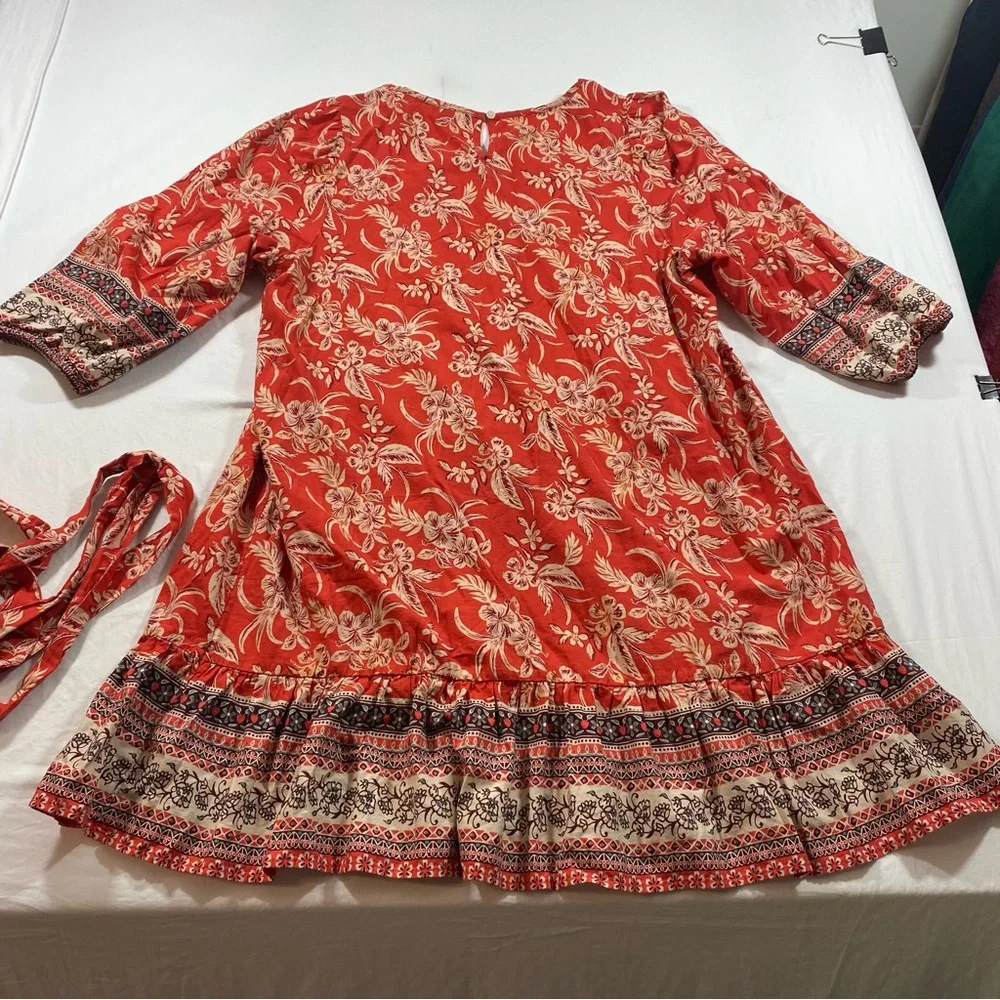 Beach Lunch Lounge Red Floral Boho Dress Belted Women’s XXL mini A-line Dress - Picture 7 of 9